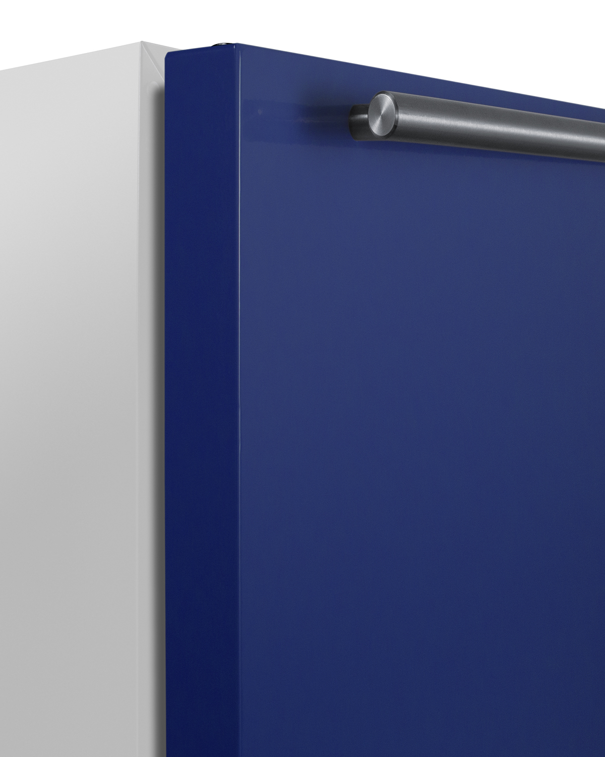 24 in. wide refrigerator-freezer for residential use with a cobalt blue door, stainless steel handle, and white cabinet